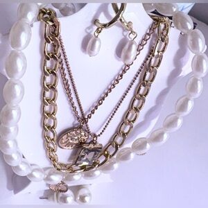 Elegant Gold and Pearl Layered Necklace Set